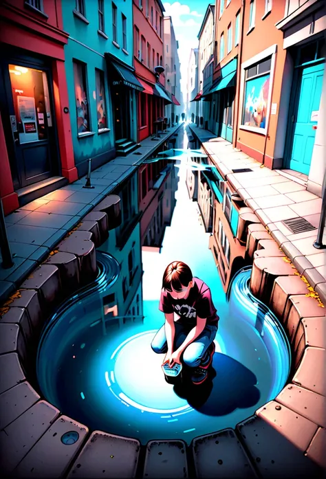 a street artist has painted a completely realistic hole full of water in the middle of a street, the artist with chalk in hand is kneeling beside it. Epic cinematic brilliant stunning intricate meticulously detailed dramatic atmospheric maximalist digital ...