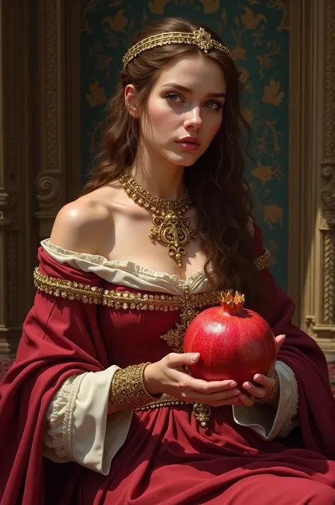  8th century Frankish princess eats a pomegranate. She wears a gold Torques around her neck .