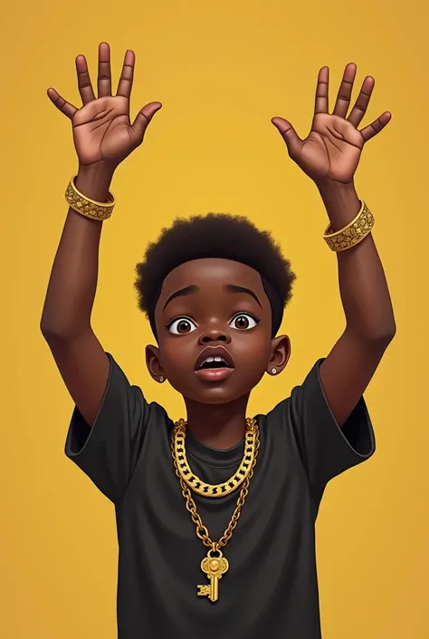 black boy, with a golden key in his hand , gold chains,  raising his hands up without scenery