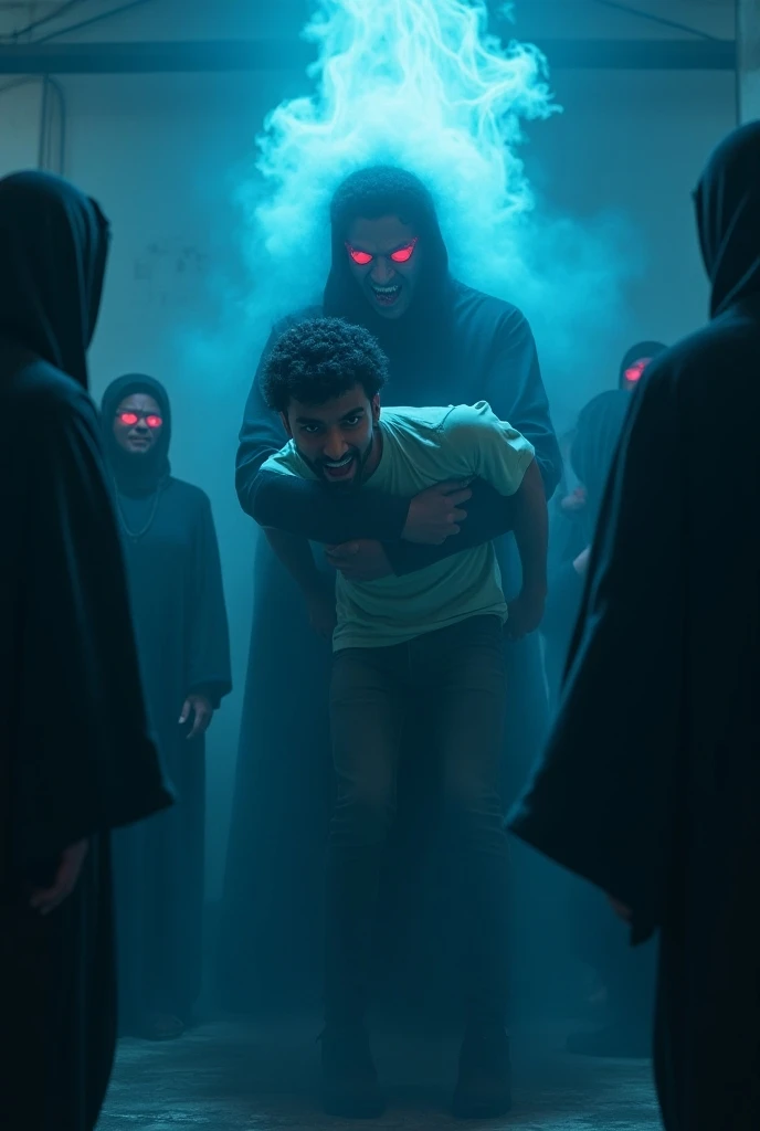 Ravi, a young man in his early 20s with curly medium  black hair, dressed in a light-colored shirt and dark jeans,."Suddenly, the ghostly figure from earlier appears behind Ravi, grabbing him with inhuman strength. The figure’s face twists into a grotesque...