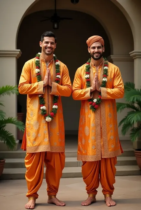 A  photo Ronaldo and messi, odia wedding outfit, namaskar, realistic, smile, 