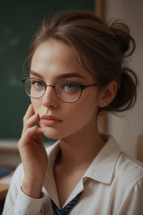  Teacher with short gray brown hair, blue-eyed and wearing lenses .