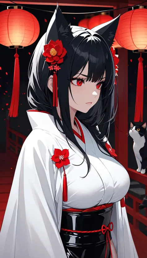 The image is an illustration of a young woman with long black hair and red eyes. She is standing in front of a traditional Japanese temple with red lanterns hanging from the ceiling. The woman is wearing a black latex outfit with red flowers on the bottom ...