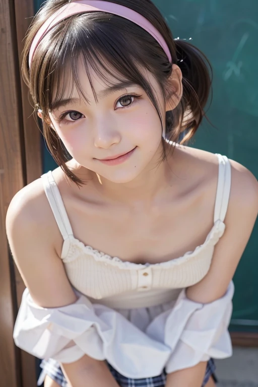 school, idol, One girl, Japanese, prety, Sparkling eyes, No body hair, Thin legs, Attention to detail, Highest quality, High resolution, bobbed hair, short bob, ponytail, school uniform, Elementary school student, 10years old, upper body, close up of face,...