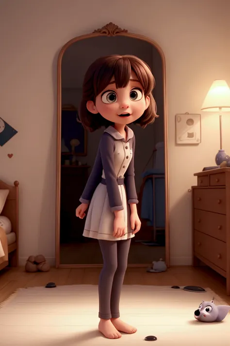 Create a 30-second animated short in the style of Pixar, set in a dimly lit bedroom at midnight. The room is cozy but slightly eerie, with warm colors, soft shadows, and carefully detailed furnishings that capture Pixar’s high-quality, polished look. Show ...