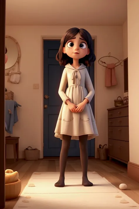 Create a 30-second animated short in the style of Pixar, set in a dimly lit bedroom at midnight. The room is cozy but slightly eerie, with warm colors, soft shadows, and carefully detailed furnishings that capture Pixar’s high-quality, polished look. Show ...