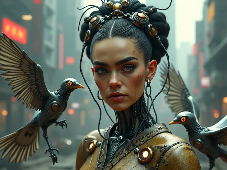 detailed cyber  frida khalo with birds as robot