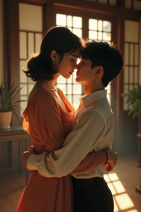 A 34-year-old very beautiful Korean woman with a sexy body kissing a slim teenage Korean boy, both standing and dressed in 1950s style, with the fashion of a middle-class American lady and boy from 1952, with a traditional Korean house as background