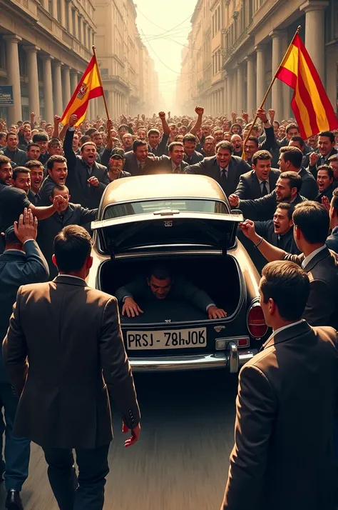 The president of Spain flees in the trunk of the car while people shout scoundrel at him 