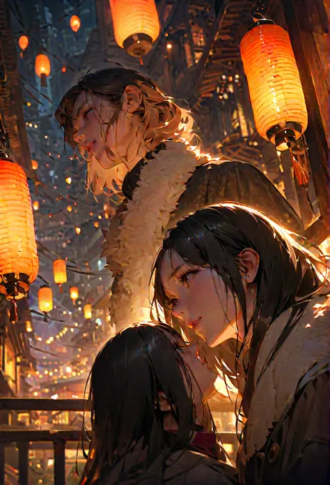 （masterpiece、high quality、High resolution、detailed、８k)A handsome Chinese man and a beautiful Chinese woman release a lantern into the sky from the parapet of a bridge at night in this realistic depiction. They are looking at each other, both holding lanter...