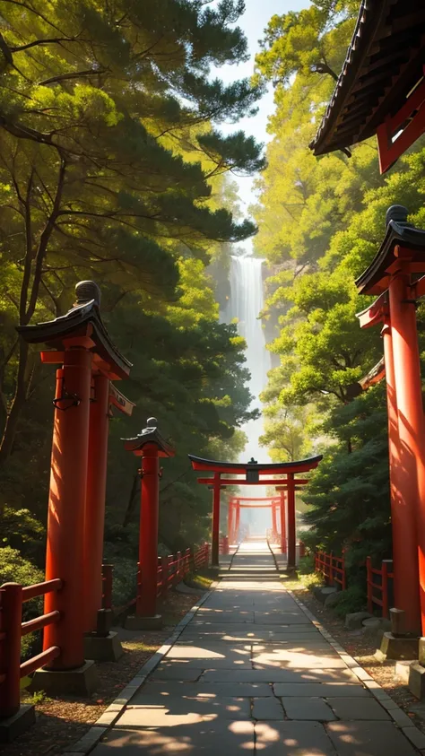 A mystical pathway adorned with vibrant red torii gates, forming a tunnel-like structure that slightly curves to the left. Soft sunlight filters through the gates, creating gentle shadows along the path. The scene exudes a serene and spiritual atmosphere, ...