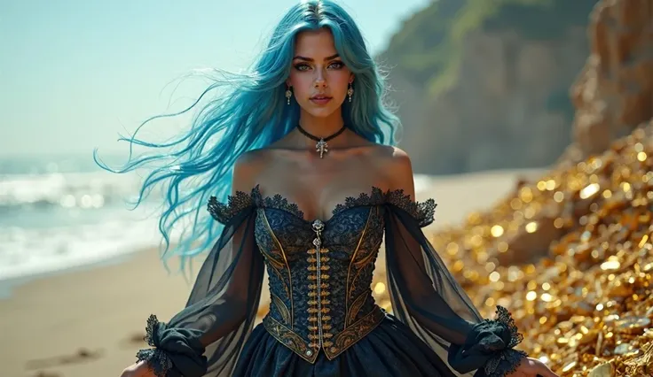 ultra realistic professional full body camera(((Captivating blue-haired pirate goddess stands regally on a vast, sun-drenched beach, surrounded by piles of glittering golden treasure. She wears a stunningly detailed lace pirate costume that combines Victor...