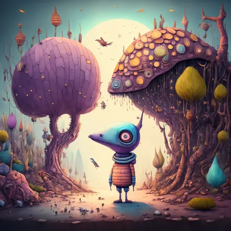 An ultra-detailed, realistic, and adorable cute alien character is depicted in this artwork. The character is small in size and has a friendly and adorable appearance. The alien is set in a purple-colored world filled with abundant exotic vegetation. The a...