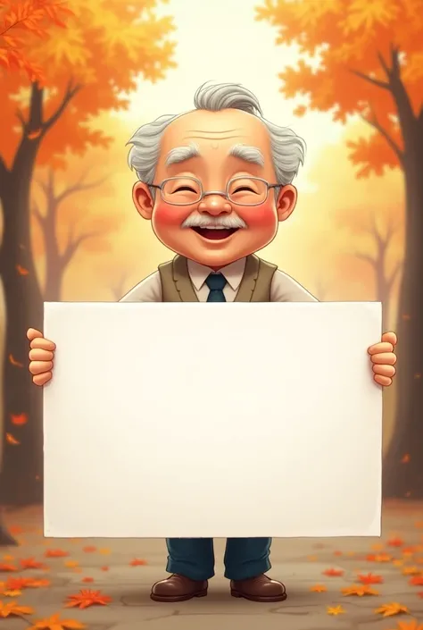 In autumn, a kind Asian old man, with regular features, dressed decently, holding an oversized blank sign, happy and cheerful, cartoon illustration, realistic, painting