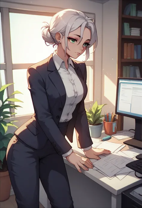 office, (soft focus ,  Shallow focus , dim light ) , euphoria, office pants, long sleeve office shirt, blazer,