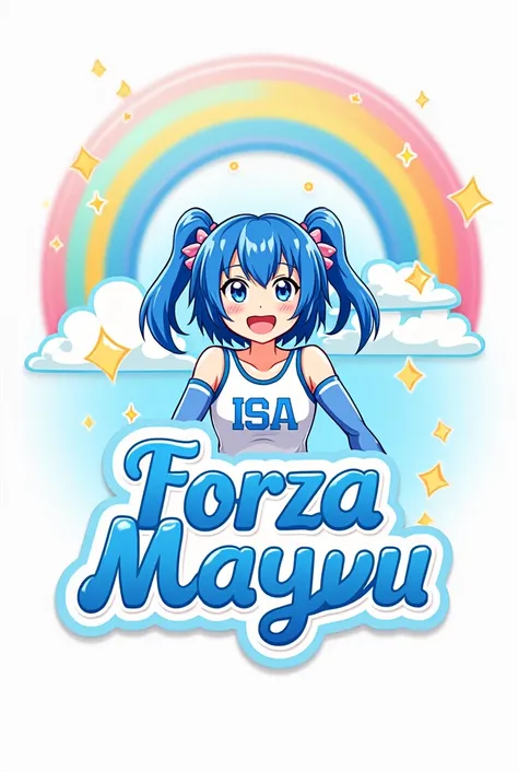 I want you to create a logo in a range of blues and whites with a rainbow and an anime-style cheer girl and that says Forza Masyu in elegant letters below it. 
