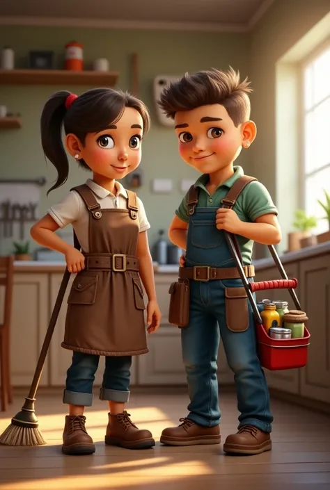 create a two skilled worker boy and girl. the first skilled worker is a housekeeper (girl) that has tools for cleaning and the second worker (boy) has tools for repairs