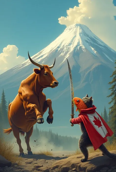 Un fond avec un volcan et devant Une vache qui ce bats contre une carpe avec un sabre frite et un chat avec une cape avec le drapeau canadien