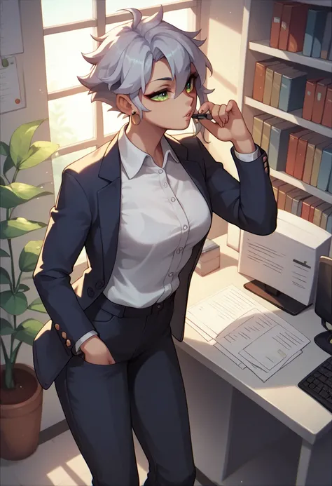 office, (soft focus ,  Shallow focus , dim light ) , euphoria, office pants, long sleeve office shirt, blazer, kemonomimi