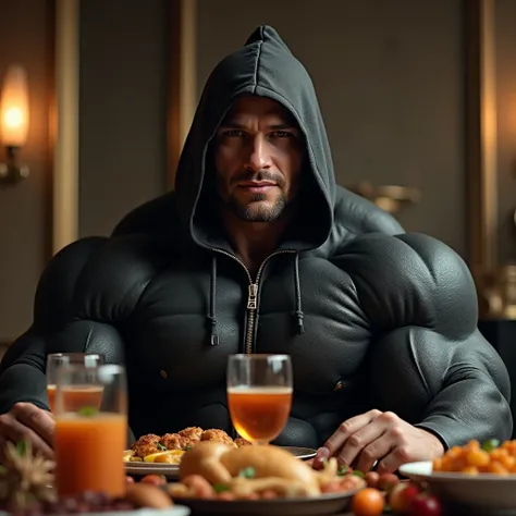 A professional muscular bodybuilder sitting in a modern luxurious room confidently at a Thanksgiving dinner. He has a closed black hood that covers his entire muscular body. The hood is completely closed and has no front zipper. The bodybuilder has a shave...