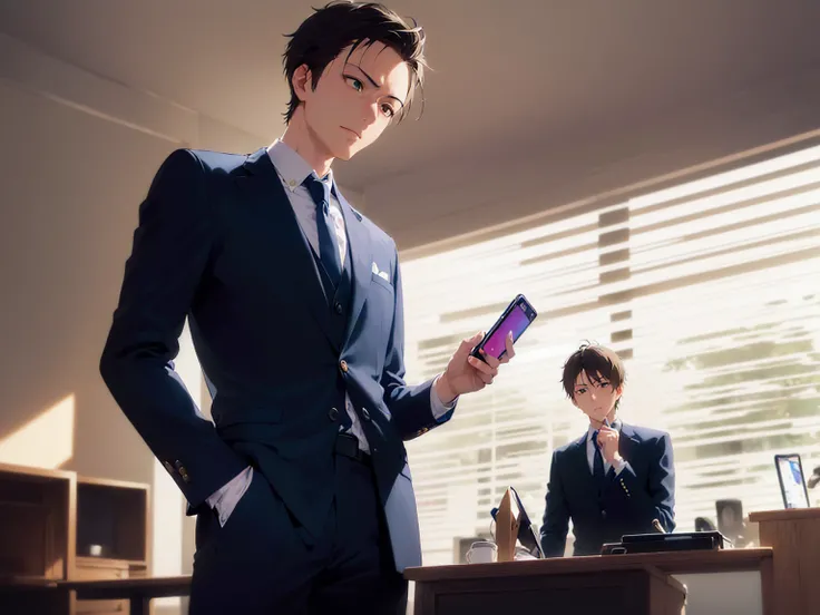 Japanese manga style,shiny skin,(looking away:1.5),masterpiece,Best Quality,(30-year-old male:1.5)and(Brown short hair)and(Green Eyes), ( is wearing a suit:1.3)and( blue tie ),(stupefied),The background is the office room,Computer, desk ,(Talking on a smar...