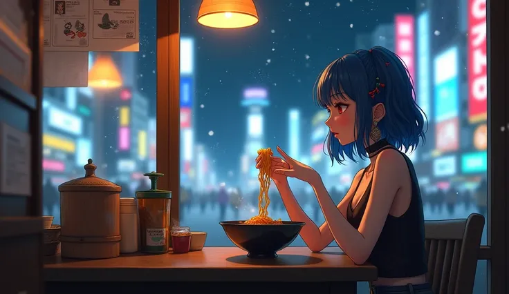  movie scene、 Imprint Image、8k、 Multiple People、Sit at the counter。whole body、 sleeveless、Blue Hair、Goth Punk、 1 girl、One person、 medium shot 、 and lifts noodles from ramen at the Shibuya Scramble Crossing 、((night))、 neon light、Shiny Hair、earring 、bangs、 ...