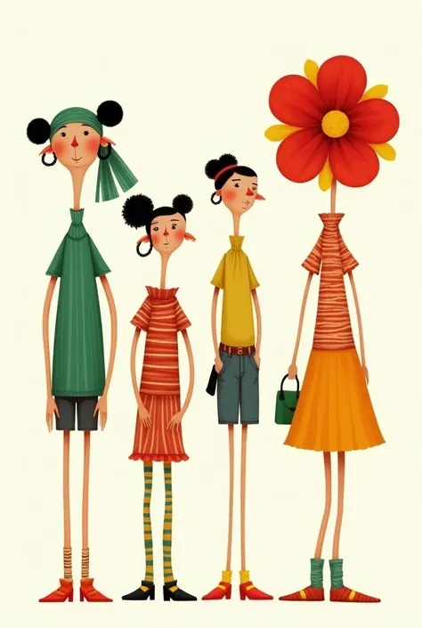 Certainly! Here’s a prompt inspired by the image:


---

Create an illustration of four tall, whimsical, stylized girls standing side by side, each with unique fashion styles and playful expressions. The characters should have exaggerated, elongated limbs ...