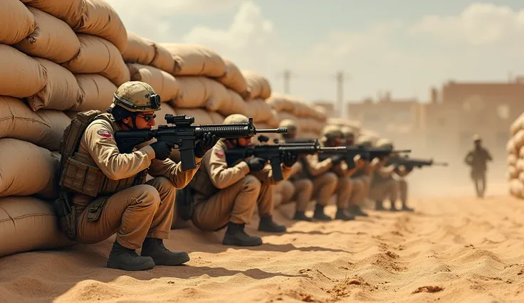 A Squad of Modern Military Soldiers in an Epic Battle Scene, they are taking a cover position in sand bag