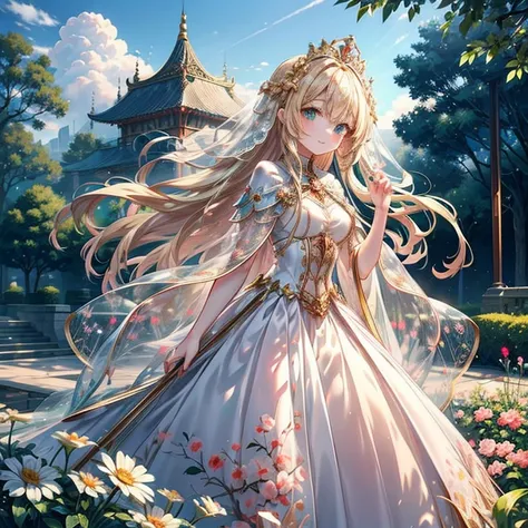 ((Best Quality)), ((masterpiece)), (  Details), ( super high definition)、Cute Princess、 Very Very Young 、
(Blonde、 braided )、Green Eyes、 big breasts at the temple、 perfect face、(Perfect Fingers、Perfect hands)、 perfect body、超 Detailsな肌、１４age、Petite、
(hey、dr...