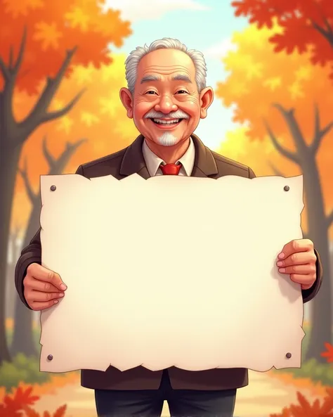 In autumn, a kind Asian old man, with regular features, dressed decently, holding an oversized blank sign, happy and cheerful, cartoon illustration, realistic, painting