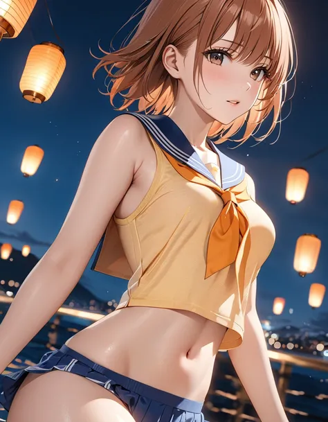 Floating Lantern, (Misaka Mikoto),  sailor suit, , masterpiece:1.5, masterpiece, highest quality, UHD, retina, masterpiece, ccurate, anatomically correct, textured skin, super detail, high details, high quality, best quality,  highres icon, 8k