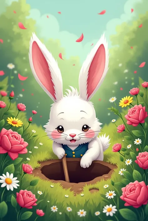 White rabbit in a flowery garden digging a hole in cartoon 