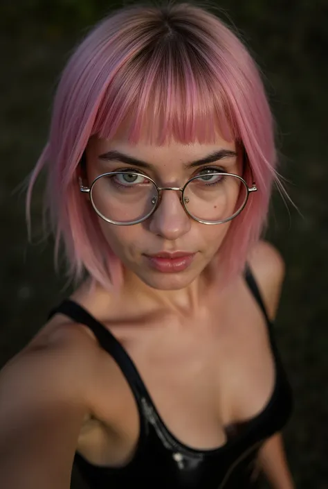  Create a new woman based on this image , She is 20 years old,  she has a Hispanic origin and also Chinese , she is beautiful, natural,  grade glasses she has a short, square haircut with a thick pastel pink fringe,  She has well-designed eyebrows , a bit ...