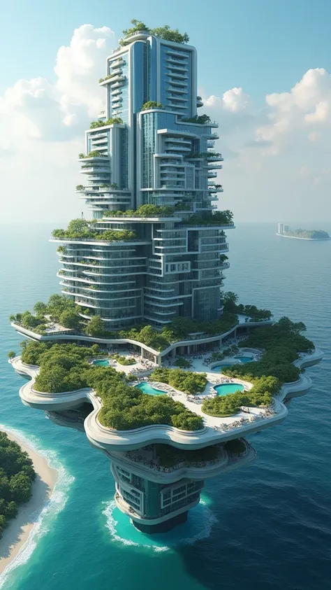 A massive, city-like residential complex that floats in the sky, kept aloft by advanced anti-gravity technology. The complex has multiple living spaces, private parks, and an artificial beach with real waves. The structure includes an AI-controlled climate...