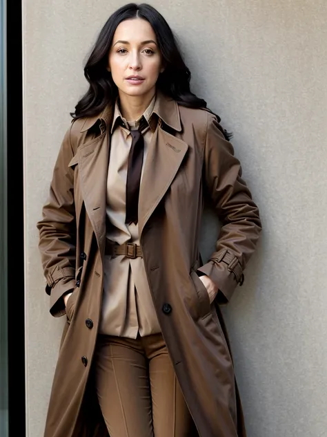 araffe wearing a brown coat and black purse standing against a wall, woman is in a trenchcoat, light brown trenchcoat, trenchcoat, light brown coat, trench coat and suit, trench coat, brown jacket, trench coat with many pockets, girl in suit, girl in a sui...