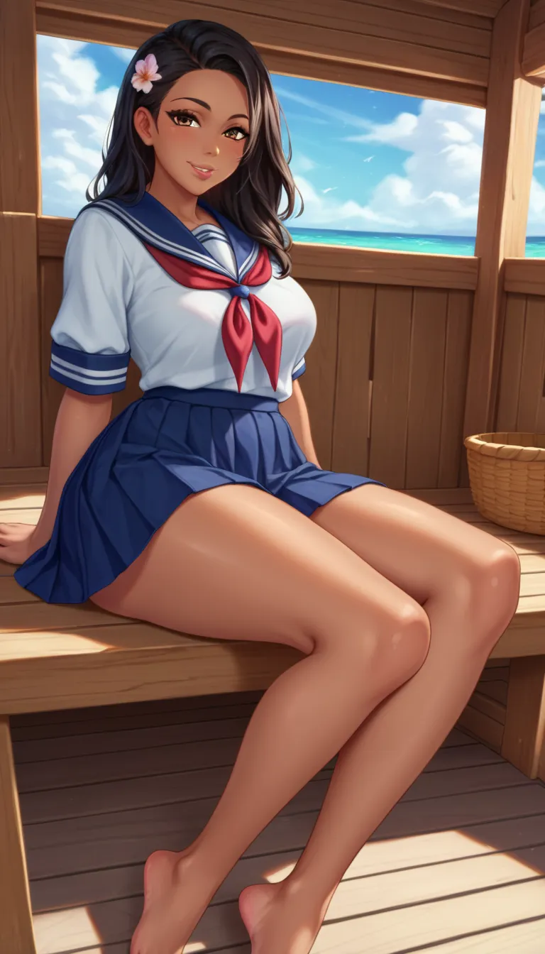    long black hair fluttering in the wind ,  shiny lips,  brown eyes ,   tanned skin  ,   slightly tilted head  , Blue school uniform, visible thighs,    sitting on the cabin porch   , bare feet, The whole body,  View of the Caribbean Sea   ,    smiling co...