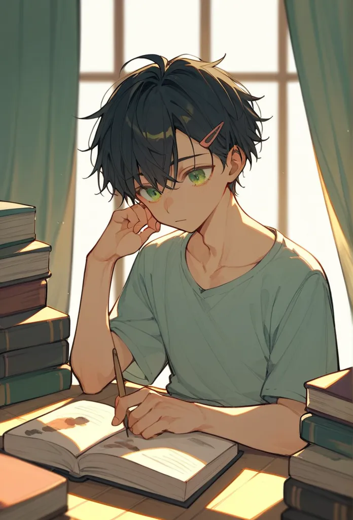 light line painting 、light color、 short hair、hair clip、black hair,hloding a book,green eyes、  boy ,everyday scene 、 warm and sof...