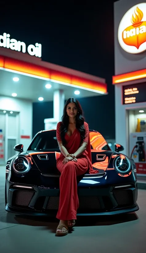 Beautiful Punjabi Girl pic sitting on Black porsche rs gt3 hood at indian oil petrolpump, night detailed hd pic