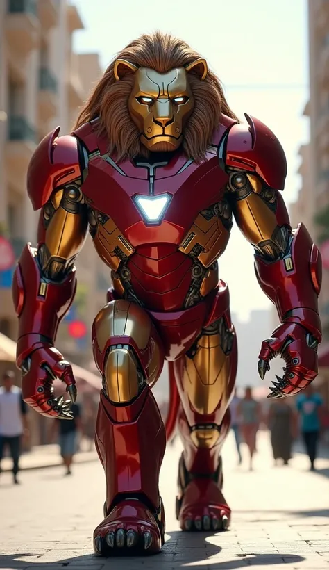 "A hybrid of lion and Iron Man—a massive, armored lion with glowing red-and-gold plating, an arc reactor embedded in its chest, and glowing eyes—prowls down a Dubai street. The sun reflects off his metal mane, and his sharp claws emit a subtle energy, givi...