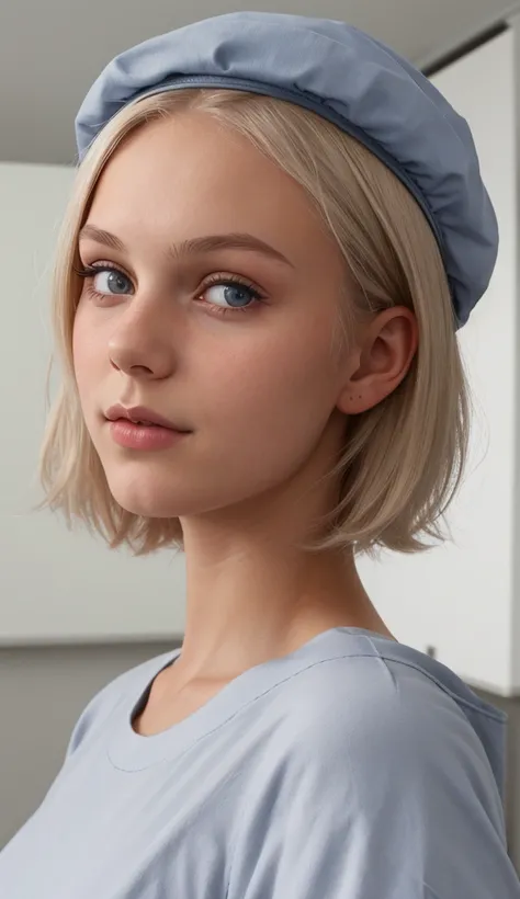 swedish teenager girl,  , face from exact front perspective, short hair completely covered by large surgical bouffant cap