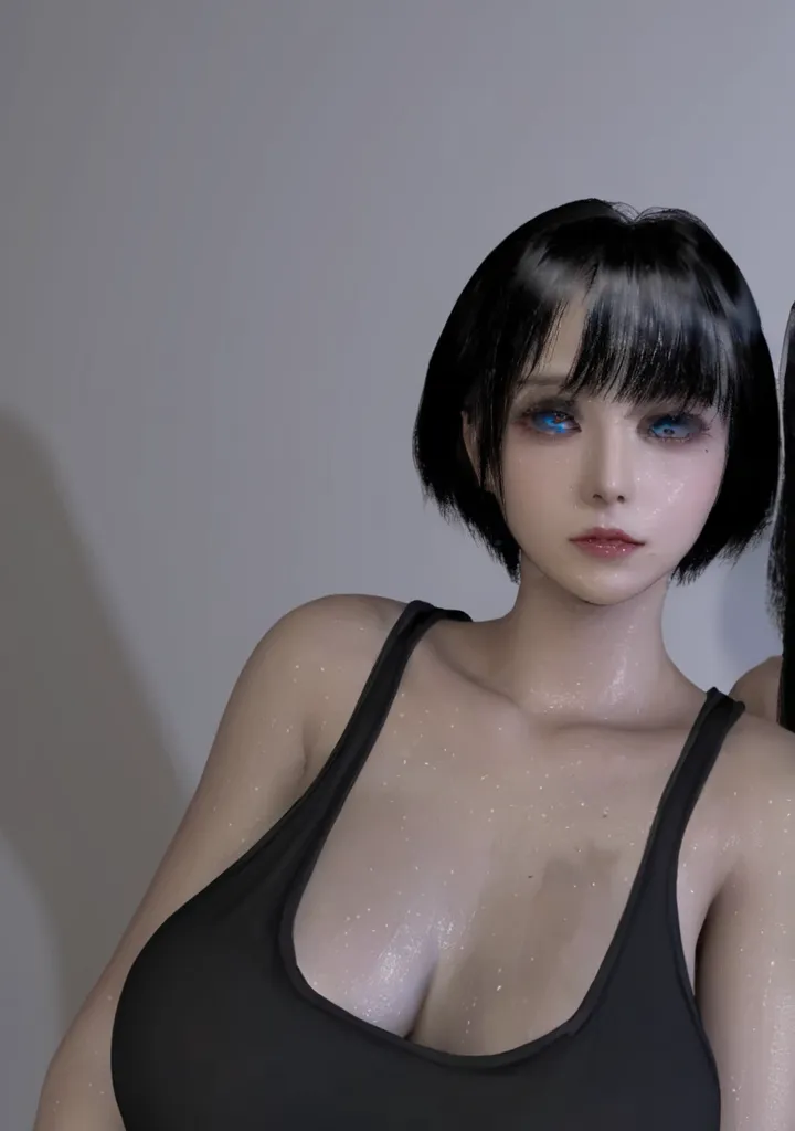 generate a realistic, full-body image of a young woman with a short bob haircut and dark bangs, similar to the character in the ...