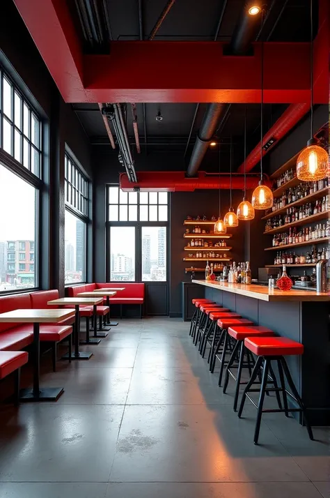 Fast food restaurant with a bar and a window on the left side, industrial theme, red, black and white color palette. 
The place is 4 meters wide by 12 meters deep 
