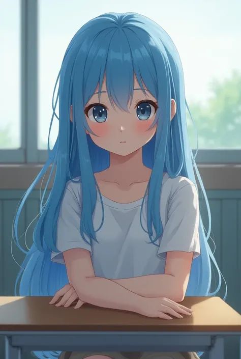  1 girl, Long Hair, Blue Hair/Light blue hair,  hair hanging over shoulders, Hair behind ears,  close your mouth, smile,  character, Anxious, School,The seat next to me