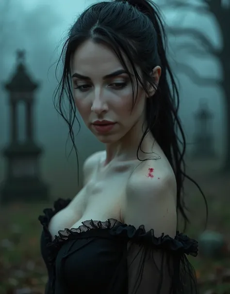  A portrait of a very sexy woman without clothes completely naked posing for a photo, She is naked, blood-red eyes , very pale white skin , sexy vampire, pele toda stained with blood, stained with blood, bloodstained lips ,  Tied hair ,  sexy black dress w...