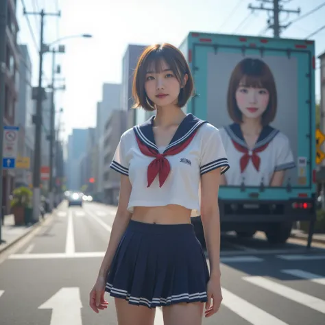 Perfect composition, Proper placement, Golden Ratio, masterpiece, Best Quality, Front View:1.331,  A beautiful Japanese woman is standing ,  cowboy shot,  SHES A FAMOUS SUPERMODEL, campaign girl,  Japanese high school sailor suit  :1.21, Short sleeve cloth...