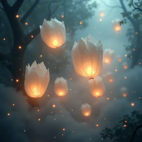 Floating Lanterns, enveloped in a Mystic Fog Enchantment, with magical particles and wisps of mist swirling gracefully. Employ soft and shimmering to enhance the sense of mystery