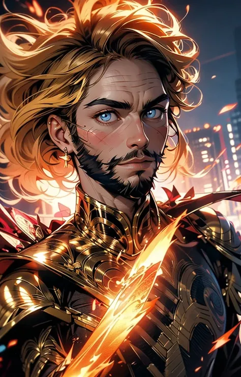 A hero who saves the world who has superpowers. He is a charismatic man with wild hair like a golden lions mane and a beautiful matching beard. His power is to be a living sun, he is the personification of the sun. He shines brightly. His hair is golden an...