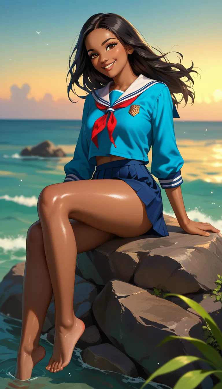    long black hair fluttering in the wind ,  shiny lips,  brown eyes ,   tanned skin  ,   slightly tilted head  , Blue school uniform,short skirt,  visible thighs,   sitting on rock , bare feet, The whole body,  View of the Caribbean Sea   ,    smiling con...