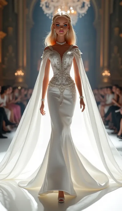  Barbie in white dress and cape walking down a dazzling fashion runway, darkpowerful elegante, White haute couture ,  wearing a noble White suit ,  luxurious White suit , royal dress,  stylish White wedding dress ,  wearing white wedding dress and cape , h...