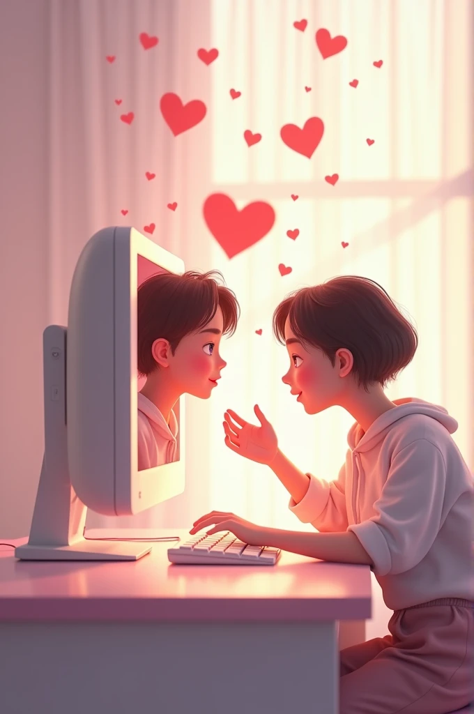 A blushing girl and a guy coming out of a computer giving her hearts 